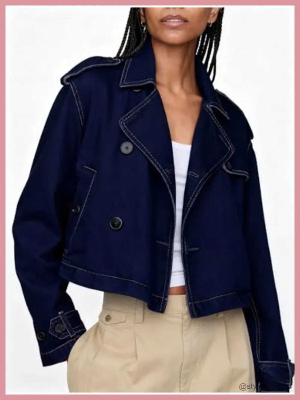 Cropped Denim Trench Coat Notch Collar Double Breasted with Pockets